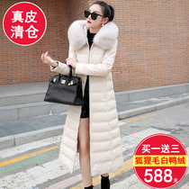 2021 new Hainen genuine leather down clothes woman in the middle of a knee fur coat fox fur collar sheep leather big code jacket