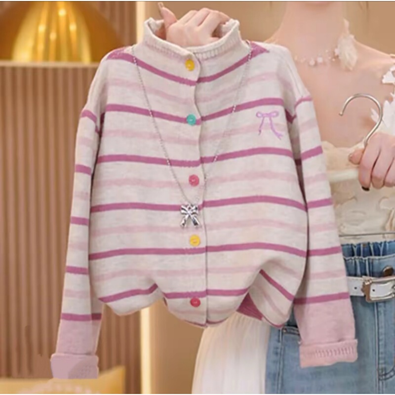 Rainbow Home Korean Style Girls' Striped Knitted Cardigan Colorful Button-Up Sweater Jacket # D1925