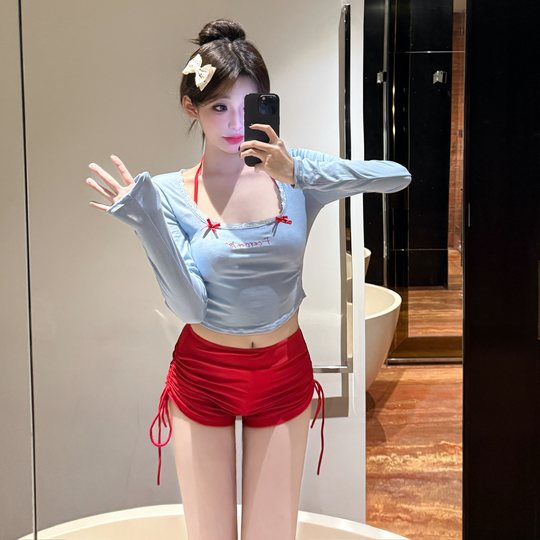 Синий кружевной солнцезащитный бикини с лямкой на бретельках Pure Desire и длинными рукавами