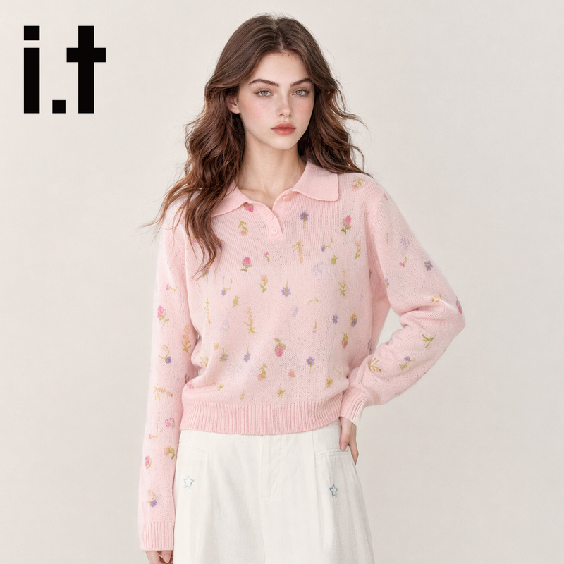 It Ccaabb Pink Floral Embroidered Long-Sleeved Knit Top for Women 2026 Autumn Sweet Style Loose Versatile Top