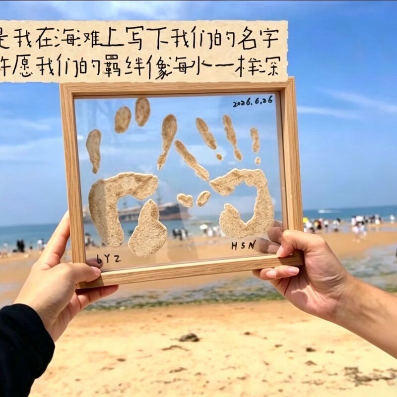 Beach Handprint Commemorative Transparent Photo Frame 520 Qixi Festival Gift for Couples and Best Friends, Seaside Travel Souvenir
