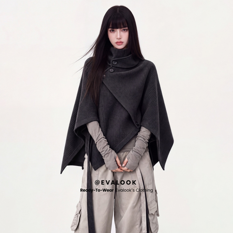 Evalook French High Street Stand-Up Collar Knitted Cape Shawl for Women, Niche Irregular Asymmetrical Placket Design Jacket Evalook French High Street Stand-Up Collar Knitted Cape Shawl for Women, Niche Irregular Asymmetrical Placket Design Jacket