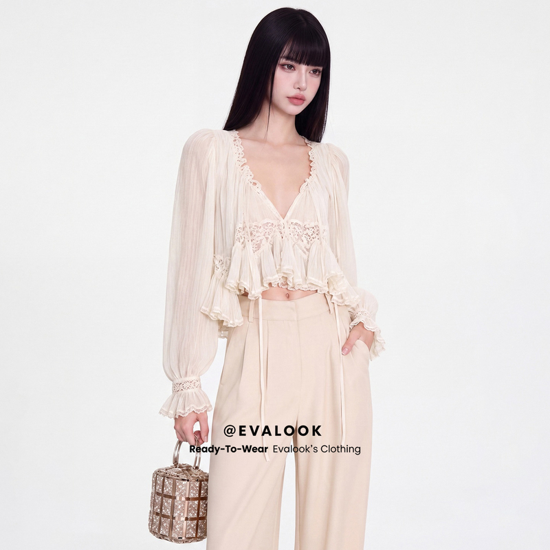 Evalook French-Style High-End, Stunningly Beautiful, Elegant and Atmospheric, Super Fairy-Like, Exquisite Lace Spliced White Shirt