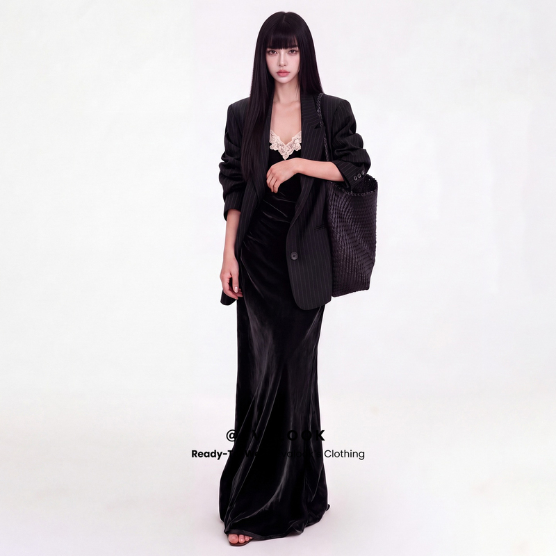Evalook High-Fashion Black Blazer Paired with Lace Velvet Slip Dress, a Stunning Work Outfit