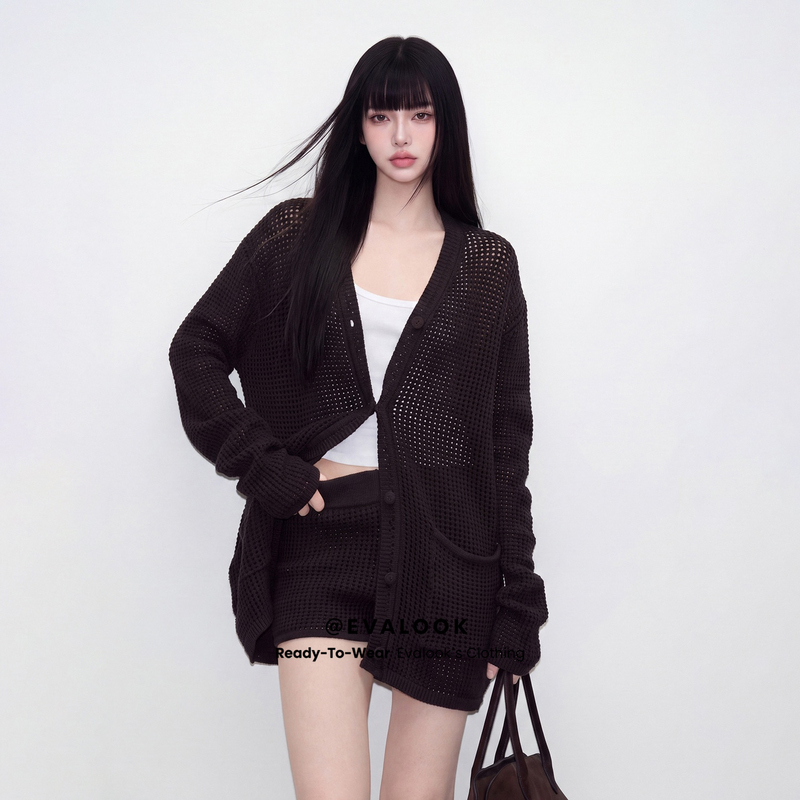 Evalook Waffle Two-Piece Set with a High-End Feel, Very Stylish, Hollow-Out Knit Casual Cardigan and Shorts Set for Commuting