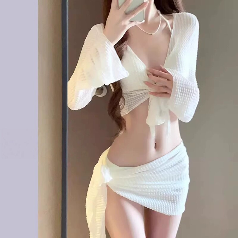 Ormior Bikini Swimsuit for Women, Summer Four-Piece Set, High-End White Sexy Two-Piece Swimsuit for Vacation and Hot Springs