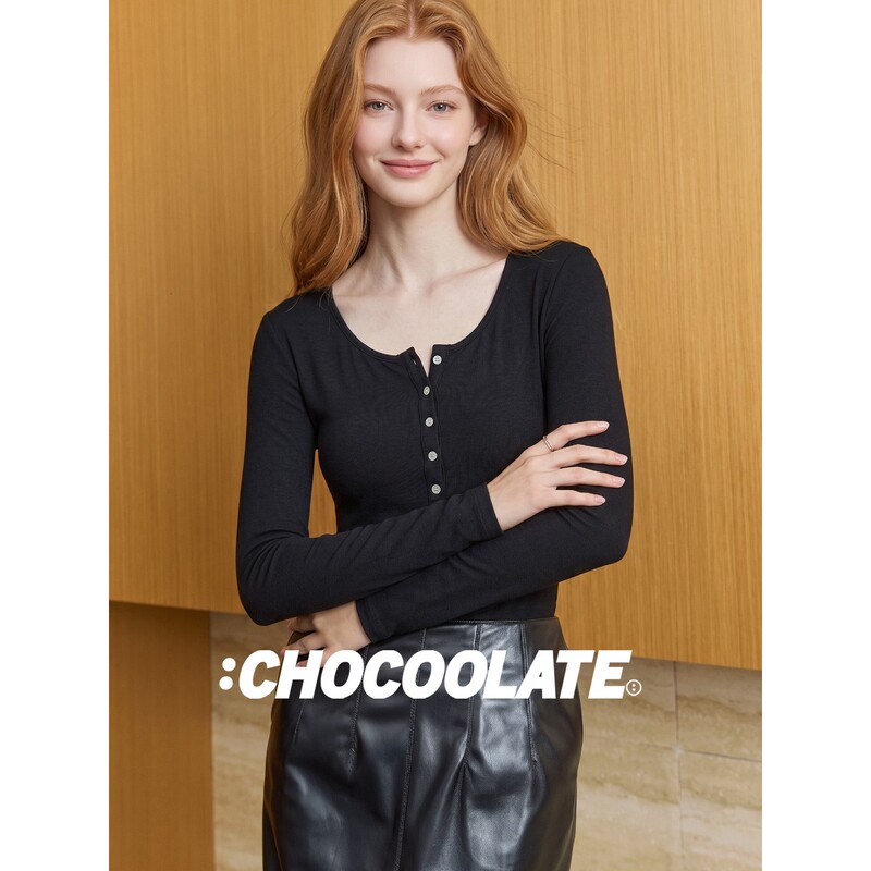 It:Chocoolate Black Henley Collar Long-Sleeved T-Shirt for Women, Autumn Minimalist Style Slim Fit Tencel Base Layer Top