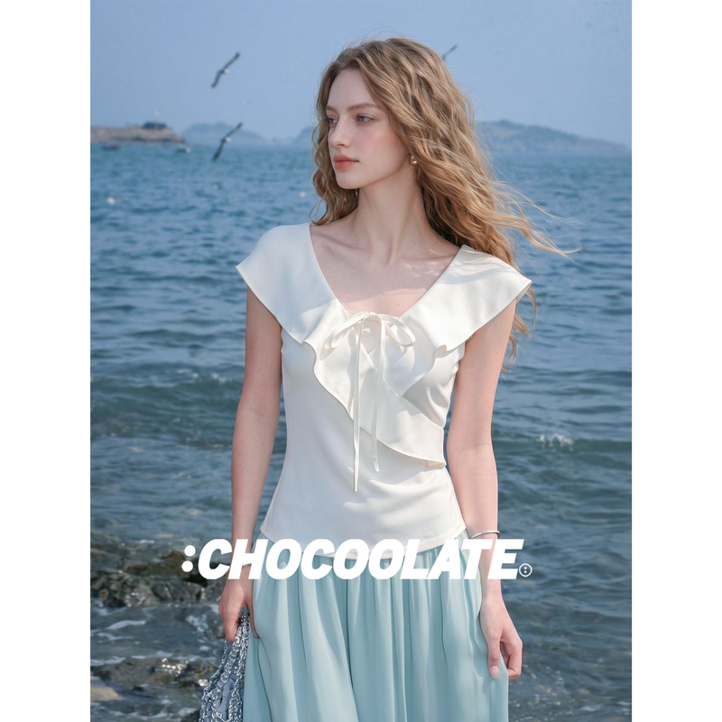 It: Chocoolate French V-Neck Ruffled Sleeveless Shirt for Women, Summer Gentle Style Tie-Up Slim Fit Top It: Chocoolate French V-Neck Ruffled Sleeveless Shirt for Women, Summer Gentle Style Tie-Up Slim Fit Top