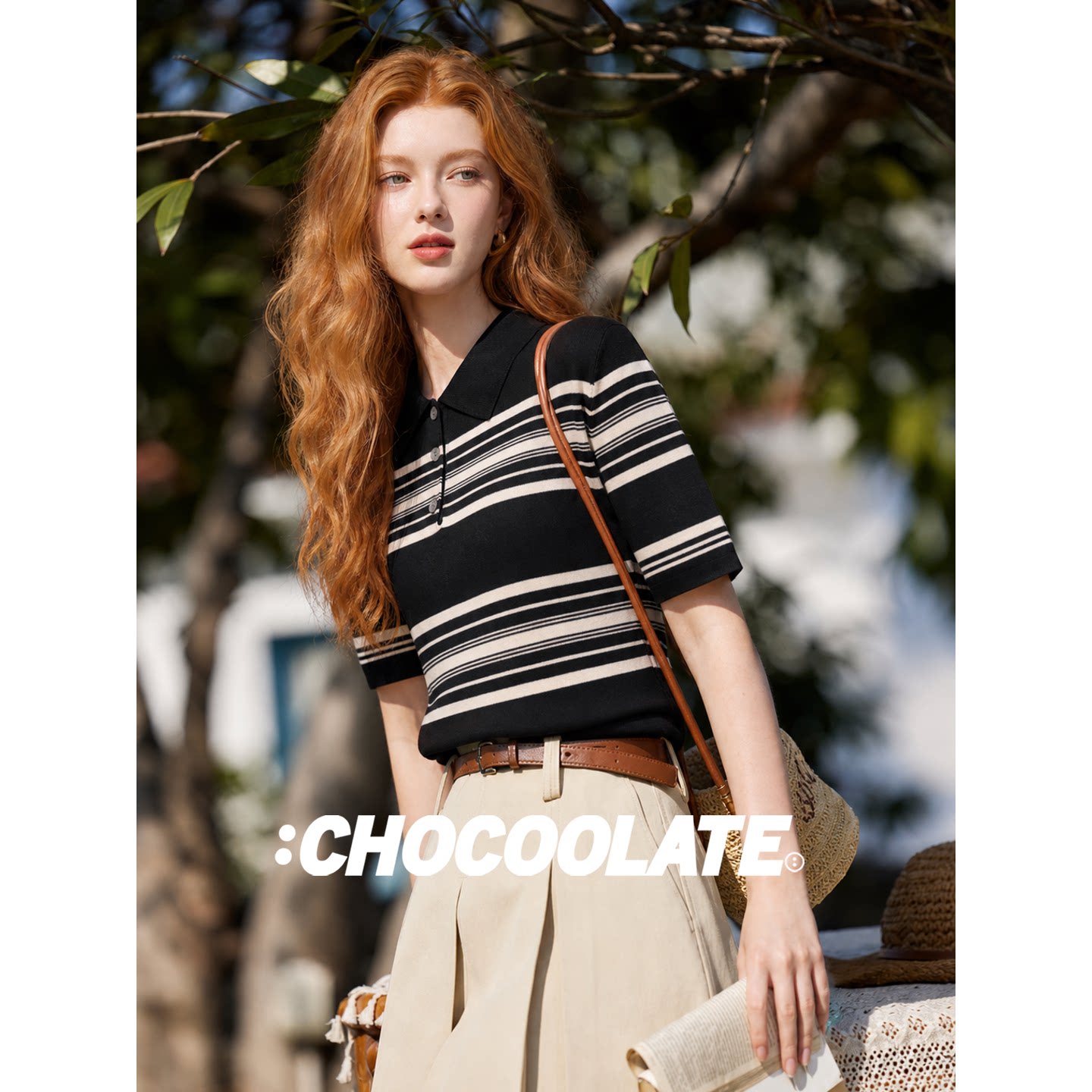 it :CHOCOOLATE黑白条纹翻领五分袖针织衫女秋学院风修身正肩上衣