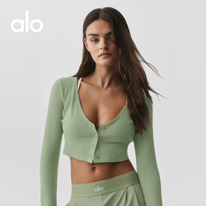 Alo|Women's Whisper Slim Fit Short Ribbed Casual Slim V-Neck Knitted Cardigan Alo|Women's Whisper Slim Fit Short Ribbed Casual Slim V-Neck Knitted Cardigan