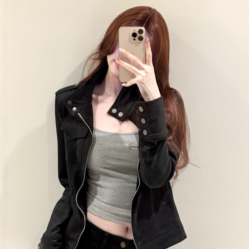 Ormior Retro Black Suede Jacket for Women, Spring and Summer Style, Loose Design, Casual Stand-Up Collar Spring Jacket Ormior Retro Black Suede Jacket for Women, Spring and Summer Style, Loose Design, Casual Stand-Up Collar Spring Jacket