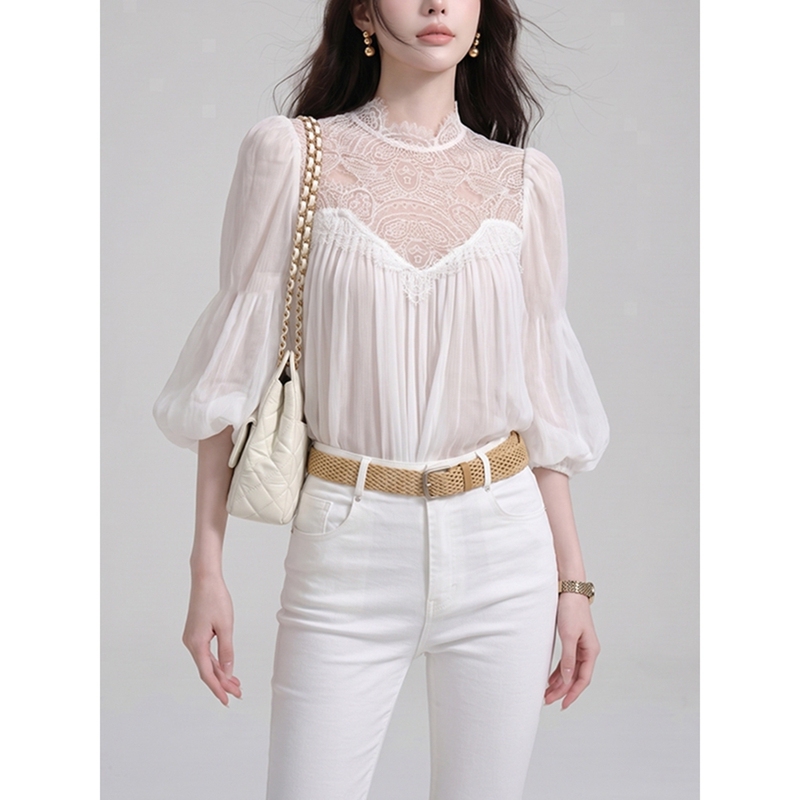 White Lace Patchwork Blouse for Women 2026 New French Style Elegant High-End Unique Beautiful Chiffon Top White Lace Patchwork Blouse for Women 2026 New French Style Elegant High-End Unique Beautiful Chiffon Top