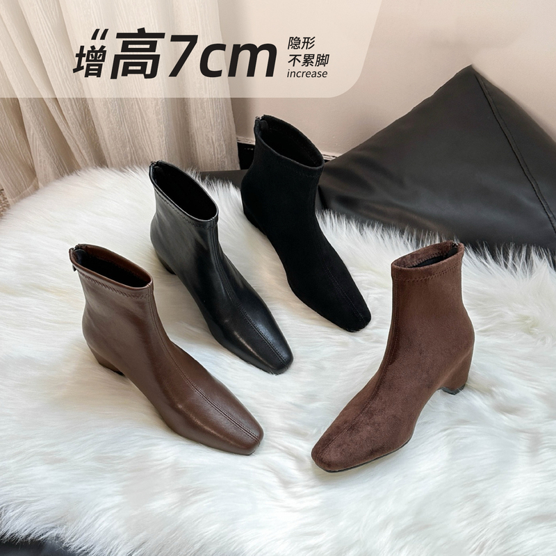 Curky's Shoe Cabinet Has a 7cm Height Increase, New Fashionable Cat Heel Short Pointed Toe Versatile Elastic Sock Boots for Autumn and Winter 2026