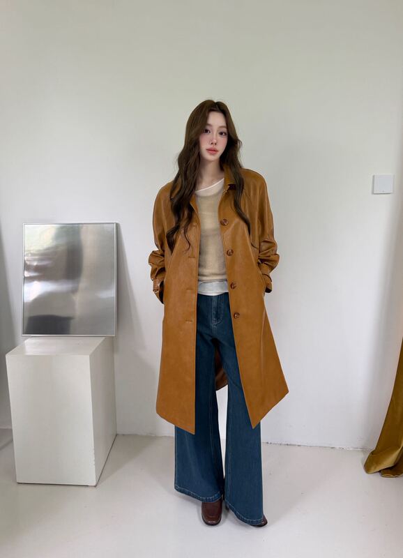 San Yue San [Noagi] Retro Trench Coat Long Single-Breasted Raglan Sleeve Leather Jacket Pu Coat for Women Npy0079