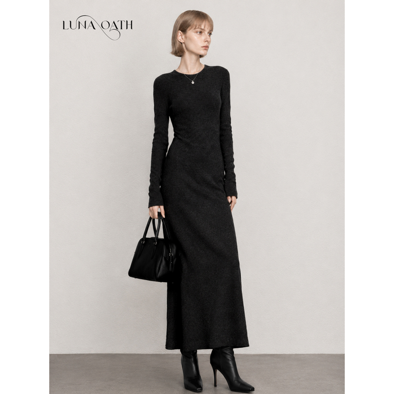 Luna Oath 90% Wool 10% Cashmere One-Piece Dress Round Neck Knit High-Waisted Slimming Long Dress Luna Oath 90% Wool 10% Cashmere One-Piece Dress Round Neck Knit High-Waisted Slimming Long Dress