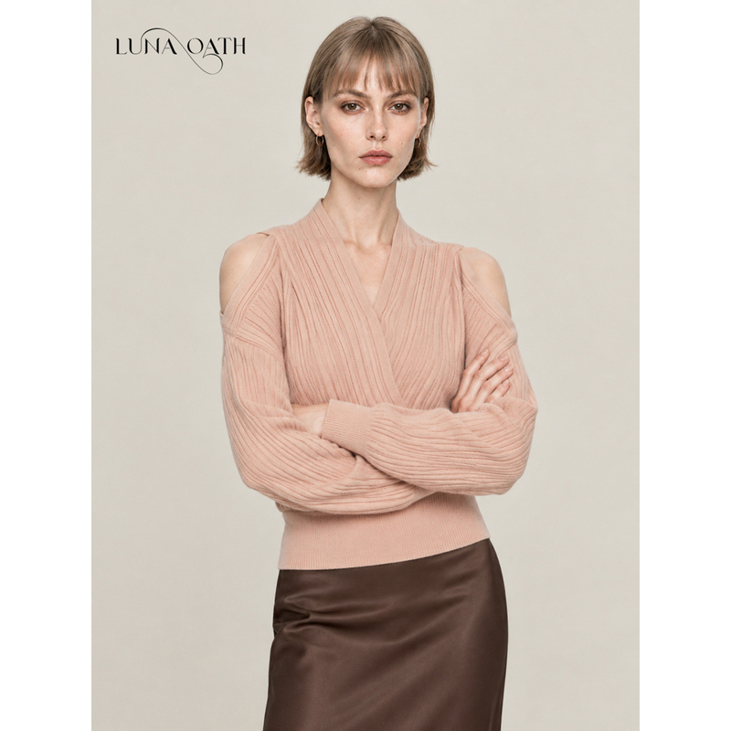 Lunaoath 100% Sheep Wool Cross-Neck V-Neck Off-Shoulder Sweater Ribbed Knit Slimming Lantern Long-Sleeve Top Lunaoath 100% Sheep Wool Cross-Neck V-Neck Off-Shoulder Sweater Ribbed Knit Slimming Lantern Long-Sleeve Top