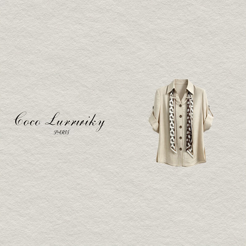 Women's High-End Shirt with Scarf Collar, Casual Summer Button-Down Shirt Dz6T2251 Scarf Shirt