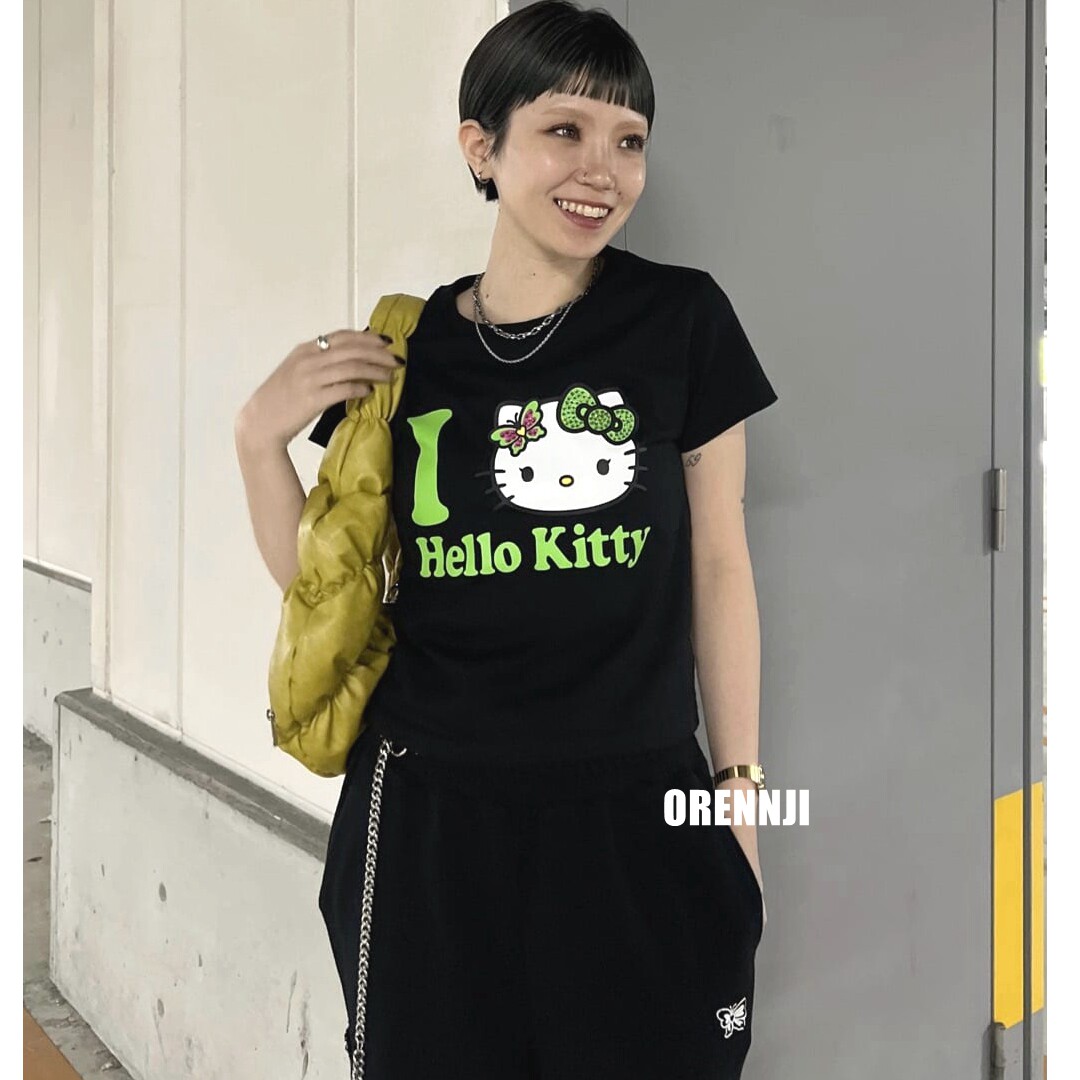 สองสไตล์! จัดส่งฟรี มี 4 สี เสื้อยืดแขนสั้นพิมพ์ลายแมว Kt ประดับพลอยเทียมแบบ RC เสื้อตัวบนสีพื้นพิมพ์ลายเสือดาว สไตล์ญี่ปุ่นสำหรับผู้หญิง