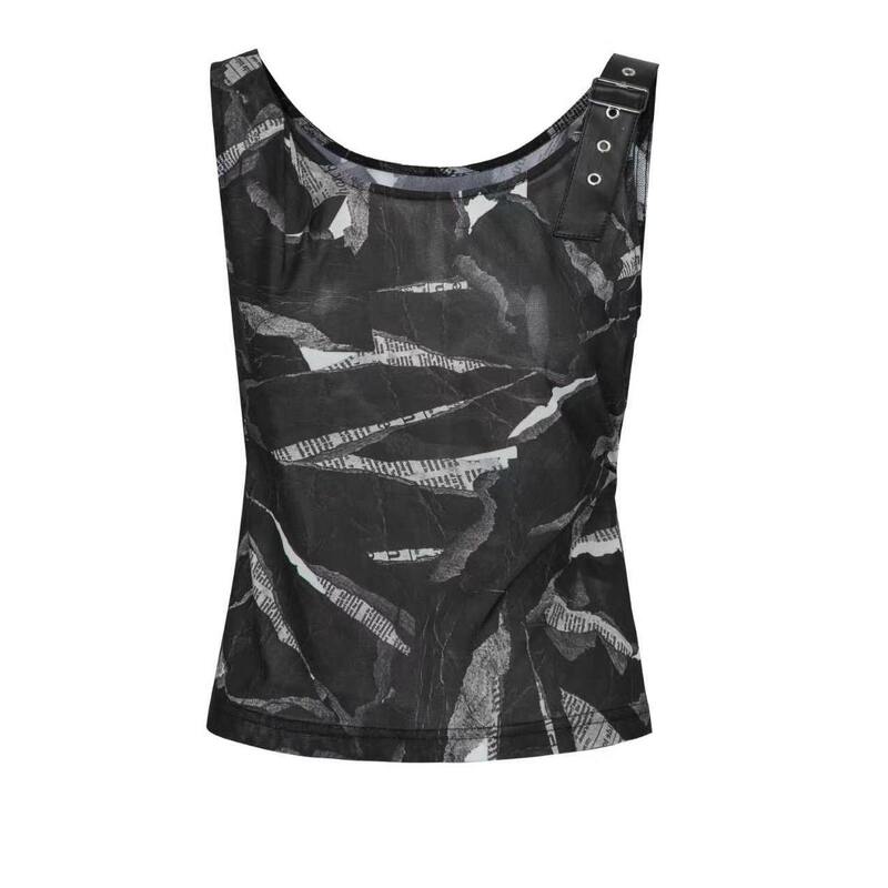 Black Printed Sleeveless Vest for Women, Designer Style Mesh Personalized Top