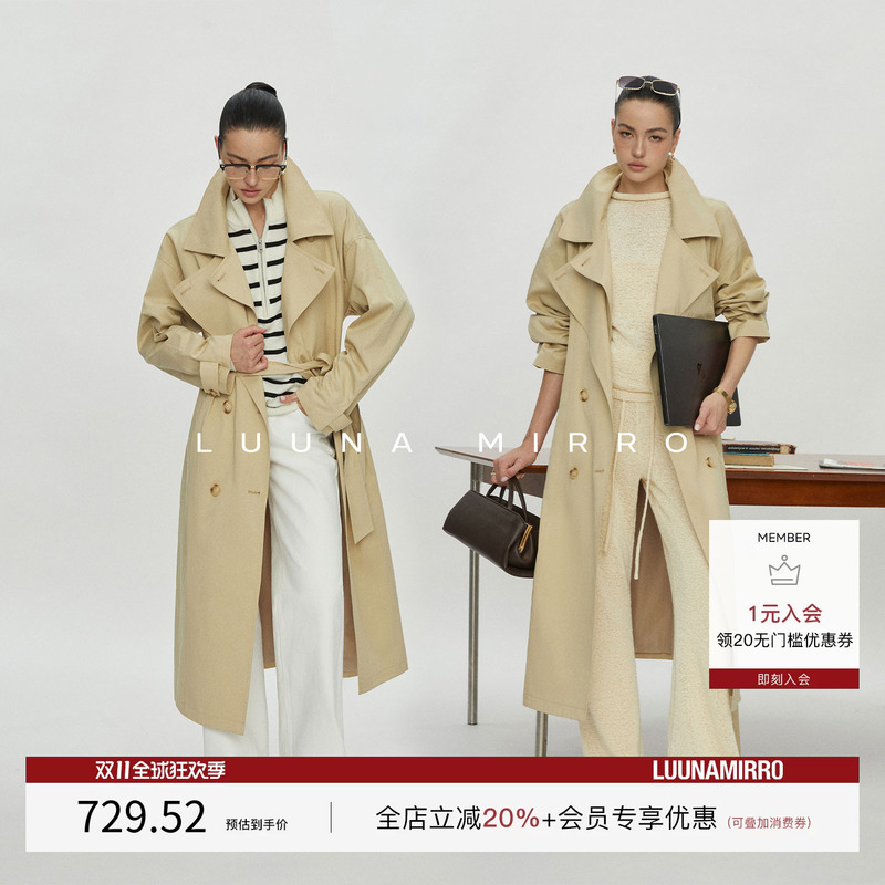 Luunamirro【Philadelphia Era】British Style Large Lapel Double-Breasted Trench Coat for Women, Long Old Money Style Jacket