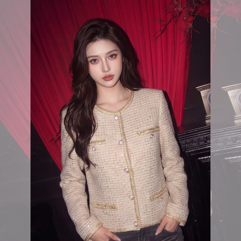 High-End Women's Clothing, Autumn Beige Tweed Jacket with Gold Trim, Chanel-Style, Heavy Craftsmanship, Light Luxury, Elegant Short Jacket