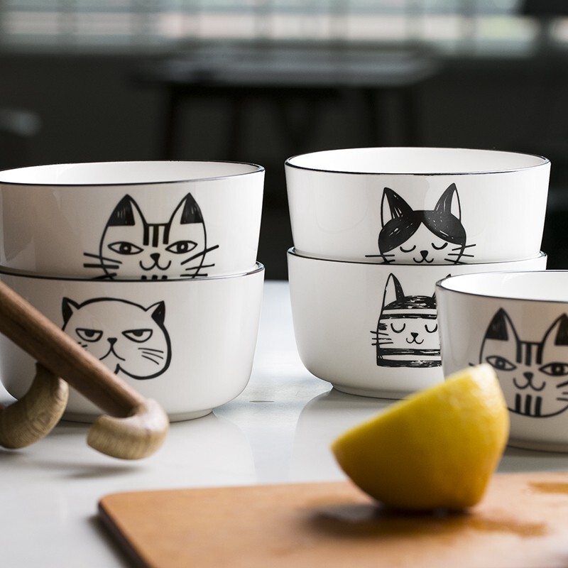 Blue Lotus Cat Rice Bowl Household Dining Bowl Nordic Tableware Set Ceramic Bowl Single Plate Dish Soup Bowl