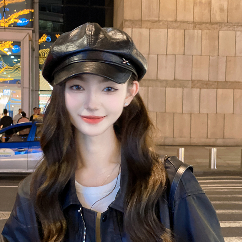 Ovancy Face-Slimming Pu Leather Octagonal Hat for Women 2025 New Navy Beret British Retro Newsboy Hat
