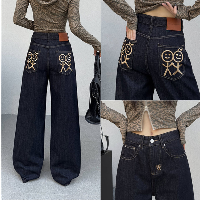 Song Yanfei's Same Style Urban 26Fw Stickman Jeans with Embroidery, Drapey, Floor-Length, Heavy-Duty, Slimming Straight-Leg Pants Song Yanfei's Same Style Urban 26Fw Stickman Jeans with Embroidery, Drapey, Floor-Length, Heavy-Duty, Slimming Straight-Leg Pants