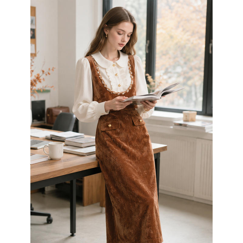 Veesmile Retro Style Patchwork Fake Two-Piece Dress for Women, Early Autumn Outfit with a Turn-Down Collar, Elegant Waist-Cinching Long Dress Veesmile Retro Style Patchwork Fake Two-Piece Dress for Women, Early Autumn Outfit with a Turn-Down Collar, Elegant Waist-Cinching Long Dress