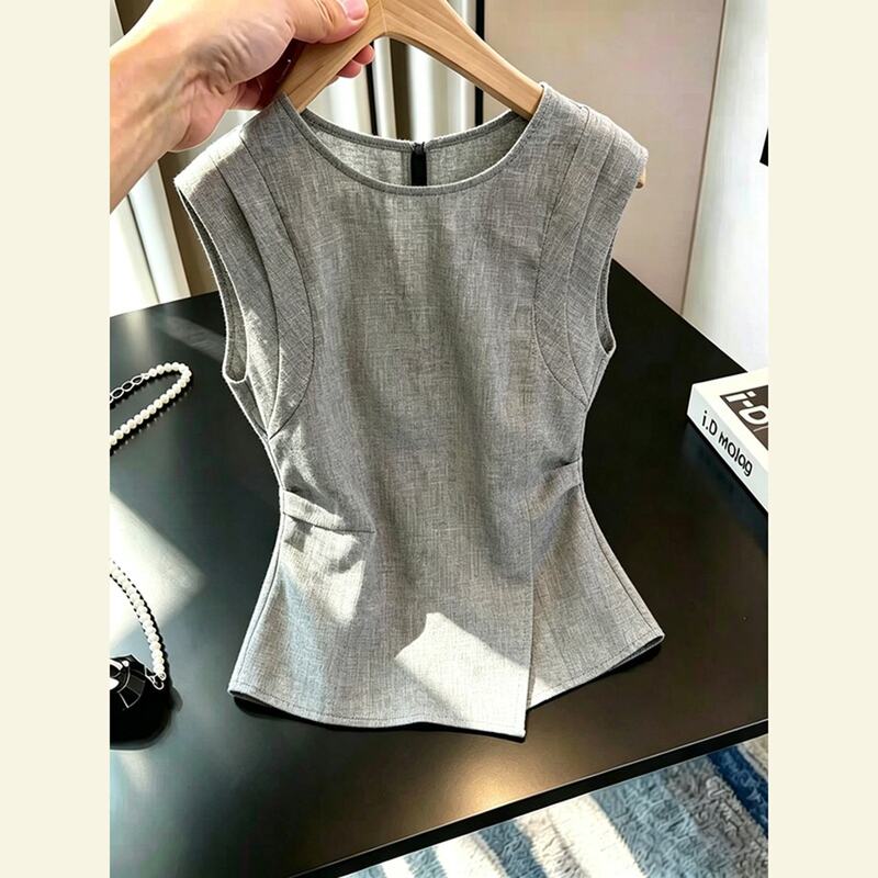 (in Stock) Korean-Style Chic and Stylish Top, Unique and Beautiful, Super Attractive, Gray Linen Cotton Sleeveless Vest Shirt