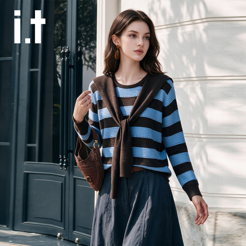 It: Chocoolate Color-Blocked Striped Knit Sweater Shawl for Women, Autumn and Winter, Loose Fit, Slimming, Casual Base Shirt It: Chocoolate Color-Blocked Striped Knit Sweater Shawl for Women, Autumn and Winter, Loose Fit, Slimming, Casual Base Shirt