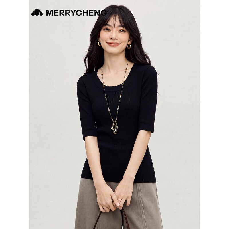 [Catman Group Meilicheng] 100% Wool Black U-Neck Knit Top for Women, Summer Slimming Mid-Sleeve Base Shirt
