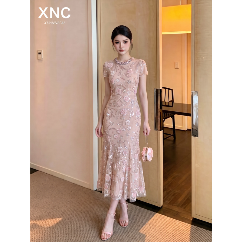 In Stock】Shenzhen Nanyou High-End Women's Clothing French-Style Heavy-Duty Rhinestone Sequin Fishtail Dress Banquet Mid-Length Dress