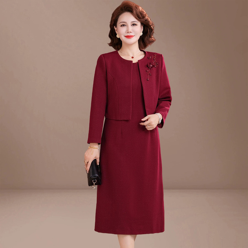 French Ormior Mother's Autumn Fashion Dress Set, Middle-Aged and Elderly Mother-In-Law Wedding Banquet Stylish Loose Dress