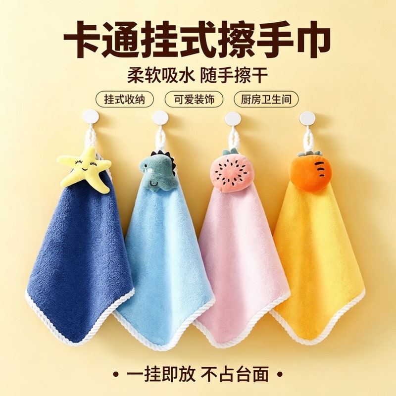 Cartoon Hanging Hand Towel for Kitchen and Bathroom, Thick Absorbent Quick-Dry Towel, Cute Decorative Small Towel