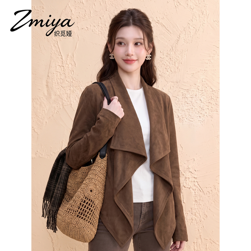 Zmiya/Millard Design-Inspired Dark Brown Suede Lapel Jacket for Women, Autumn Bagel-Style Vintage Korean Top
