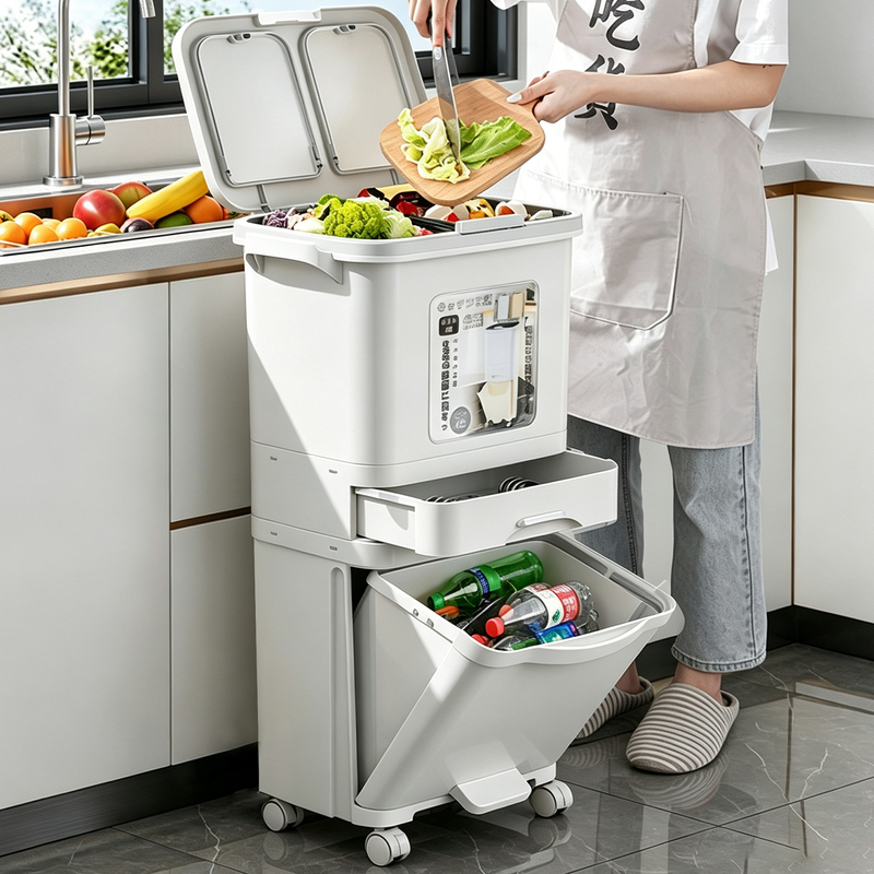 Kitchen Trash Can with Lid, Odor-Proof, Large Size, Movable, for Food Waste Classification, Large Capacity, Double-Layer, Foot Pedal, Dry and Wet Separation Kitchen Trash Can with Lid, Odor-Proof, Large Size, Movable, for Food Waste Classification, Large Capacity, Double-Layer, Foot Pedal, Dry and Wet Separation