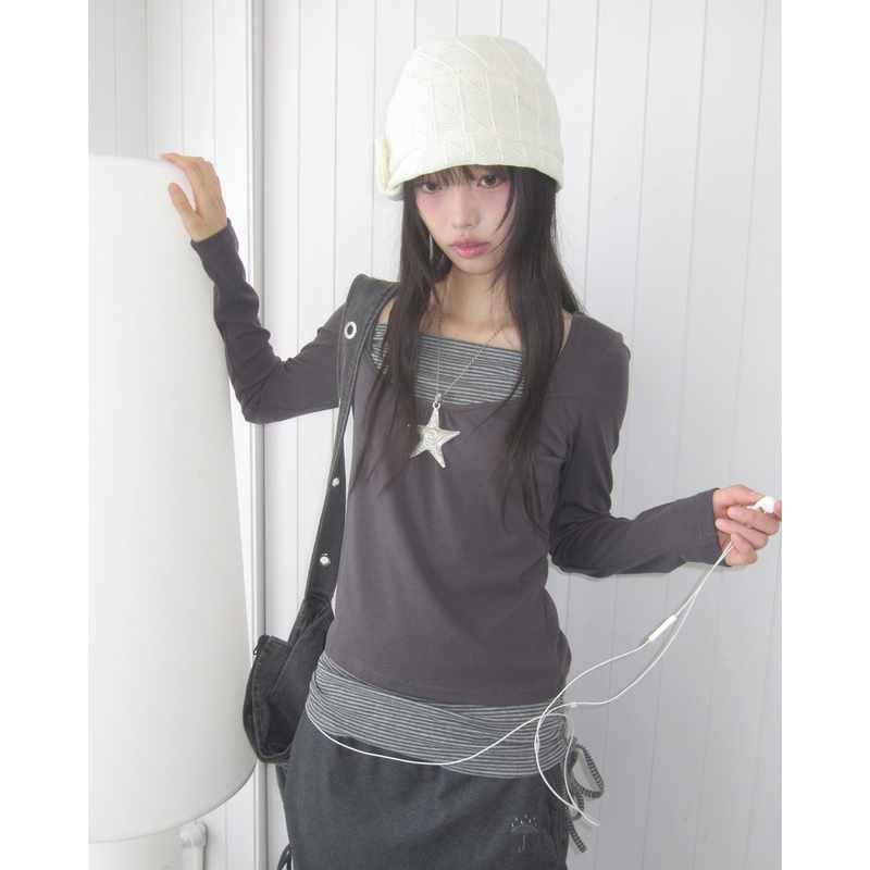 Eupu Korean-Style Light Square-Neck Striped Faux Two-Piece Base Shirt with Drawstring Long Sleeves Slimming Top for Women Autumn Eupu Korean-Style Light Square-Neck Striped Faux Two-Piece Base Shirt with Drawstring Long Sleeves Slimming Top for Women Autumn