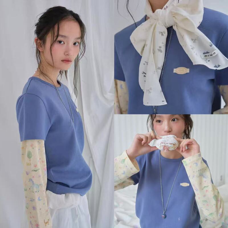 26 Autumn Korean Trendy Brand Xu Mengjie's Same Style Dreamy Hand-Painted Fake Two-Piece 48 Lyocell Stretchy Spliced Long-Sleeve T-Shirt 26 Autumn Korean Trendy Brand Xu Mengjie's Same Style Dreamy Hand-Painted Fake Two-Piece 48 Lyocell Stretchy Spliced Long-Sleeve T-Shirt