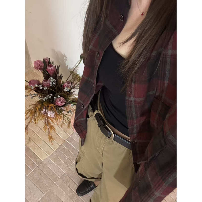 8.29 Retro Lazy Style Plaid Shirt with a Distinctive Pattern, Front Length 72, Back Length 77