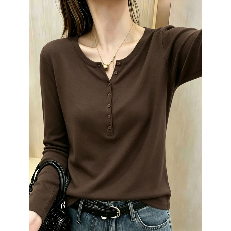 High-End Quality Henry Collar Long-Sleeve T-Shirt for Women, 2026 Autumn, Stylish and Slimming, Suitable for Plus-Size Women as an Inner Layer High-End Quality Henry Collar Long-Sleeve T-Shirt for Women, 2026 Autumn, Stylish and Slimming, Suitable for Plus-Size Women as an Inner Layer