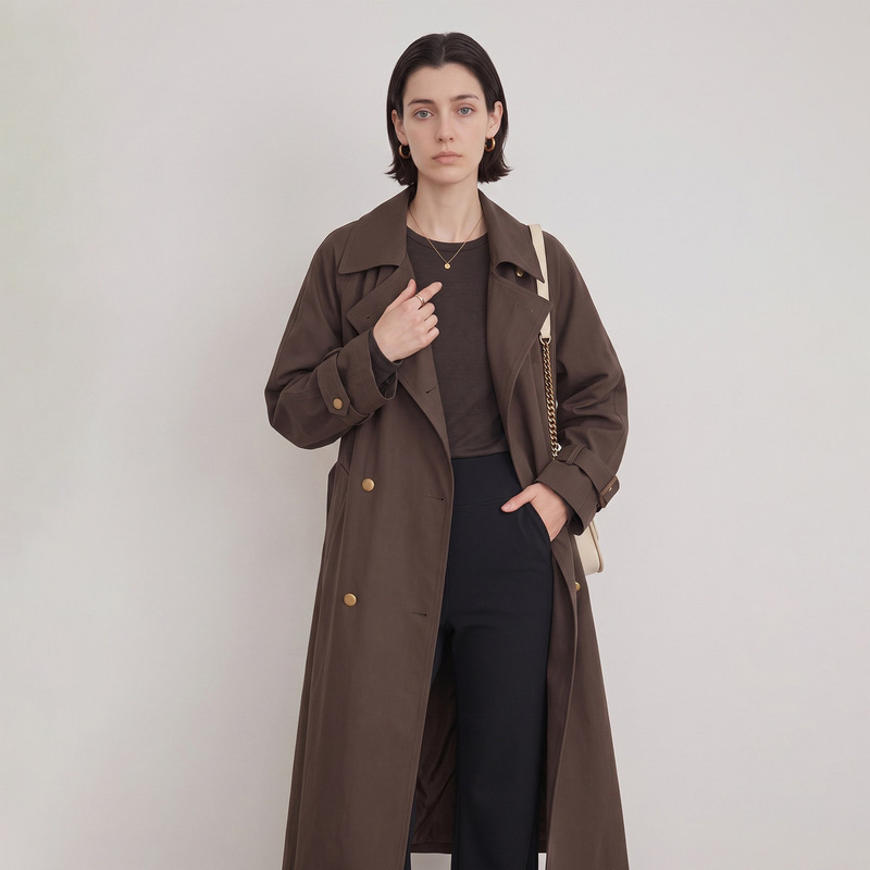L·P “Ebony Trench Coat” Retro Commuter Style Classic Simple Silhouette Lapel Intellectual Long Trench Coat for Women