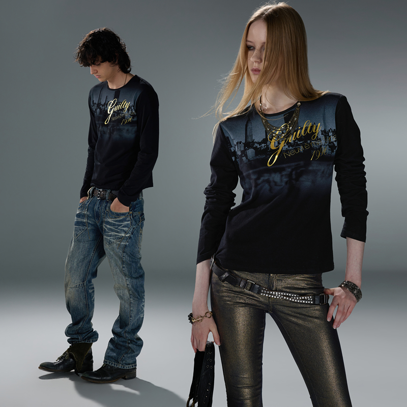 Neuviemesens_Ns'City Reflection' Retro Gold-Printed Punk Street Style Fitted Long-Sleeved T-Shirt