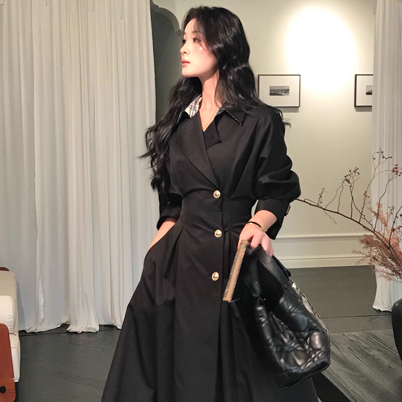 Li Buwan [Du's "Slimming" Series] Waist-Cinched Plaid Patchwork Single-Breasted Mid-Length Elegant Trench Coat for Women in Autumn