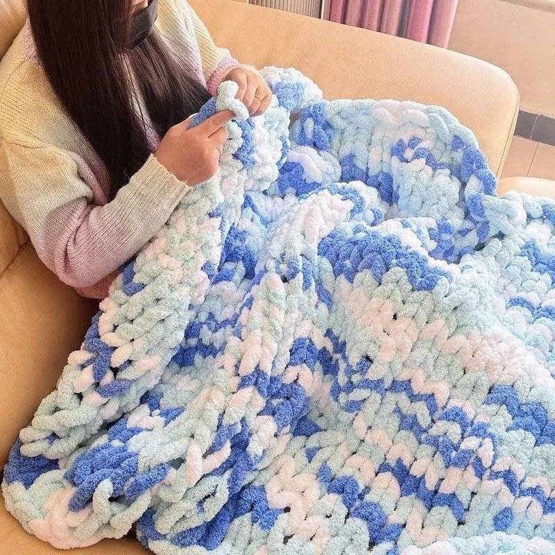 Cat Tail Scarf Extra Thick Ice Strip Yarn Finger-Knitted Wool Blanket Rainbow DIY Knitting Blanket Material Cushion