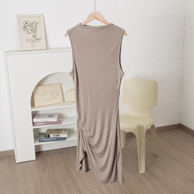 Beyond.Her High-Neck Sleeveless Knitted Long Dress for Women, Slim Fit with Slit, Slimming Base Dress