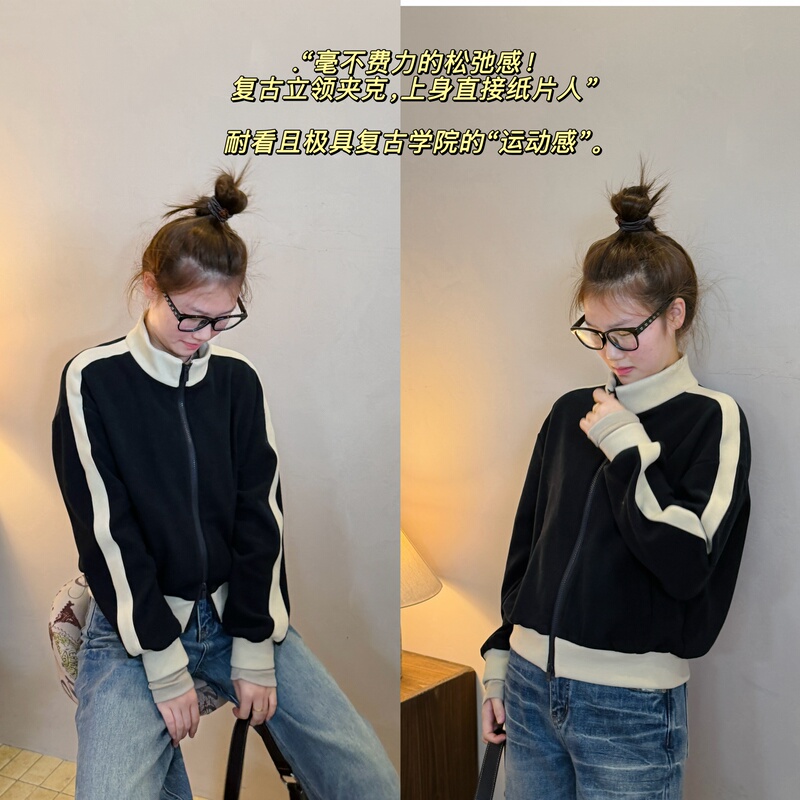 Joie Sense 【Trendy Outfit】Same Style as the Miu Show, Stand-Up Collar, Color-Blocking, Slimming Sweatshirt Jacket Joie Sense 【Trendy Outfit】Same Style as the Miu Show, Stand-Up Collar, Color-Blocking, Slimming Sweatshirt Jacket