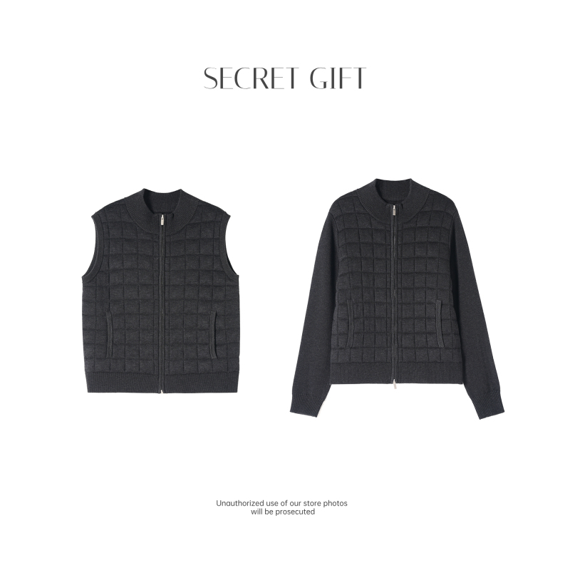 【New Autumn Collection】 "Sugar Cube Patterned Patchwork Wool Stand Collar Vest/Jacket for Women, Autumn and Winter Cotton Clothing