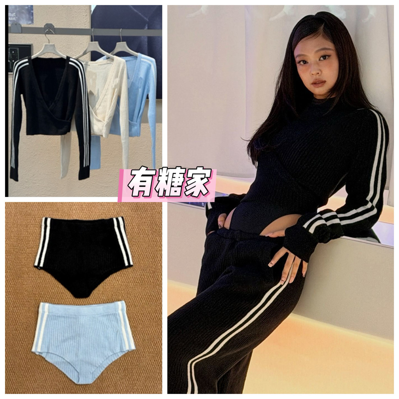 Jennie Collaboration Same Style V-Neck Striped Jacquard Short Long-Sleeve Knit Striped Skinny Pants for Women Jennie Collaboration Same Style V-Neck Striped Jacquard Short Long-Sleeve Knit Striped Skinny Pants for Women