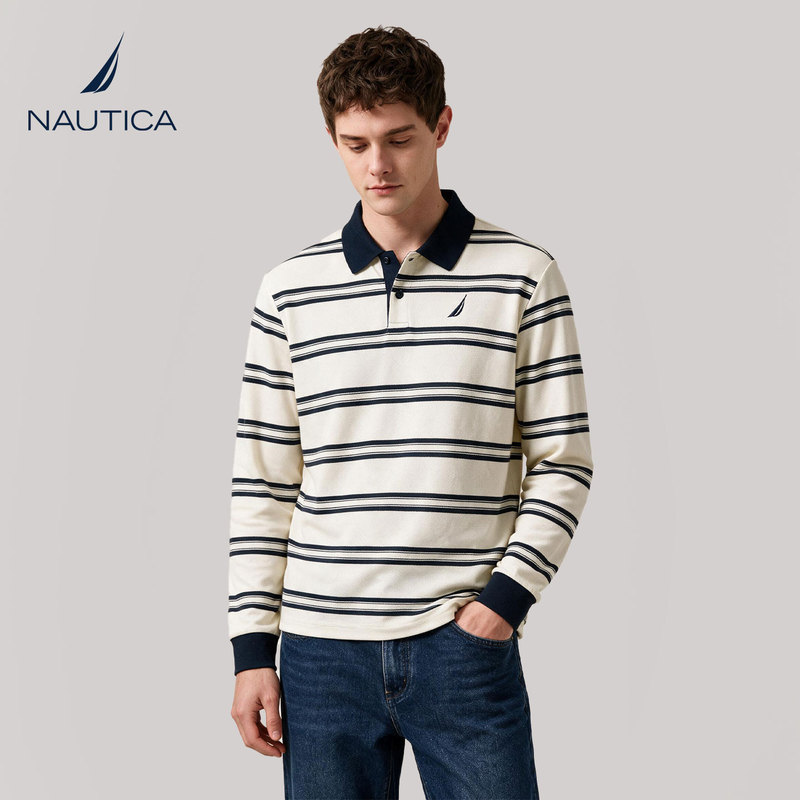 Nautica Men's Polo Shirt 2026 New Autumn Casual T-Shirt Business Lapel Striped Base Shirt